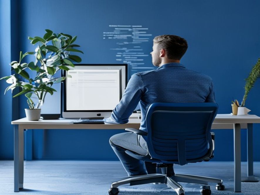 Neutral spine alignment diagram shown at desk with proper sitting posture