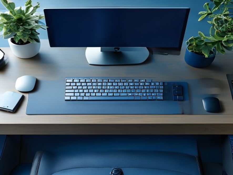 Overhead view of a tidy desk with monitor, keyboard, and proper lighting arrangement